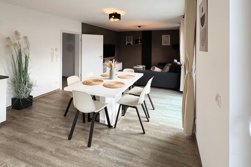 Offener Wohn-Ess-Bereich mit Designeinrichtung